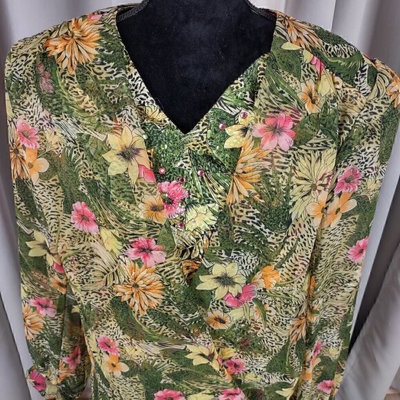 Jo Hanna York by Joan Davis Green Floral Print Skirt & Top 2Pc Set. Size 16 - Picture 2 of 15
